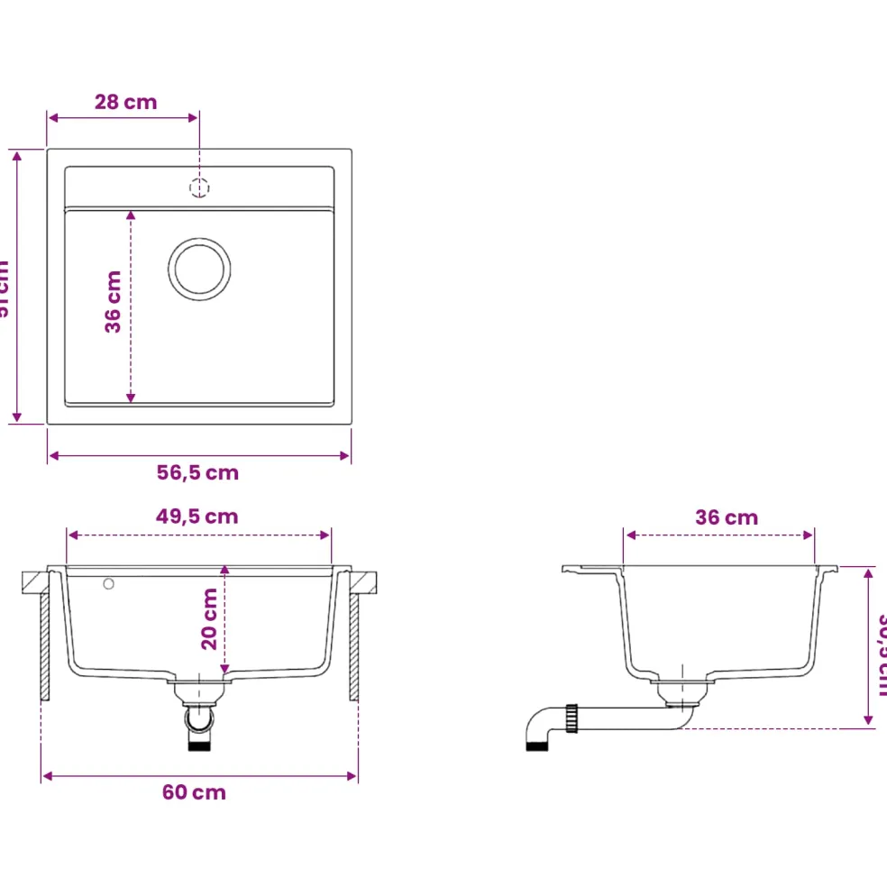 vidaXL Enkele spoelbak Graniet 60 x 51 x 30.5 cm Grafiet