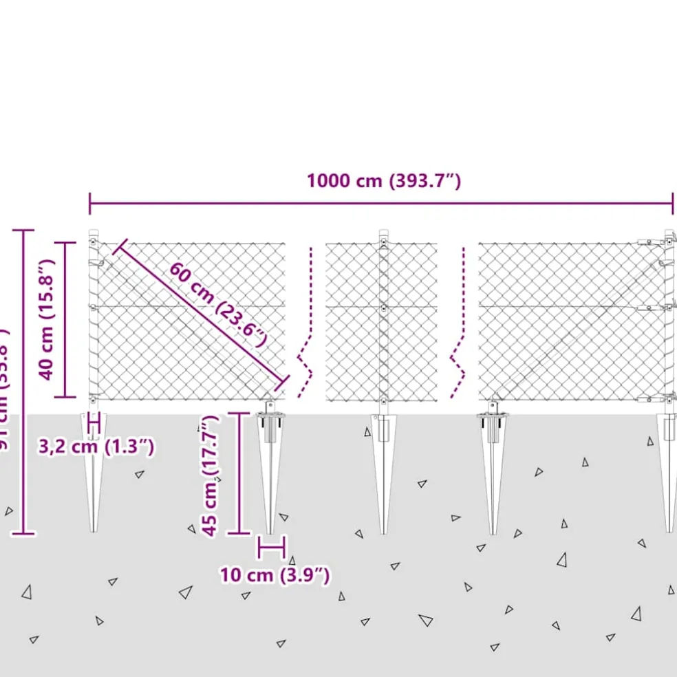 vidaXL gaashek met grondpennen 10 x 0,4 m PVC-Coated Staal Grijs Mesh