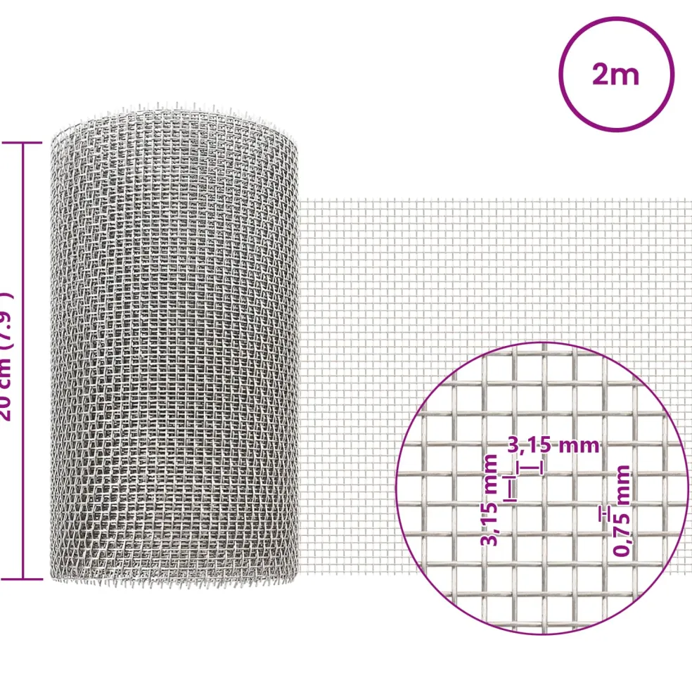 vidaXL Gaas Scherm 20 x 200 cm 6 Mesh RVS 201 Zilverkleurig