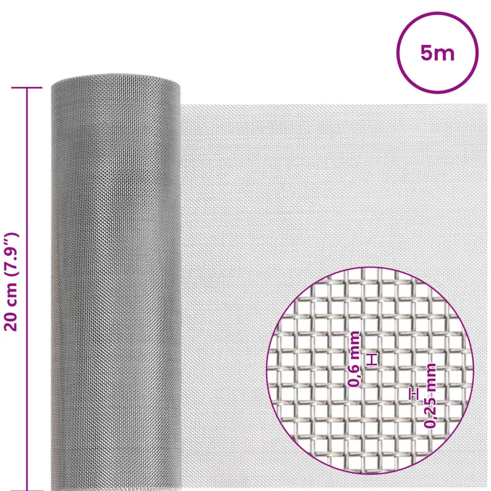 vidaXL Gaas Scherm 20 x 500 cm 30 Mesh RVS 201 Zilverkleurig