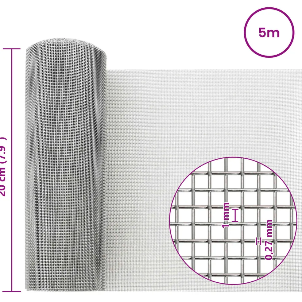 vidaXL Gaas Scherm 20 x 500 cm 20 Mesh RVS 201 Zilverkleurig