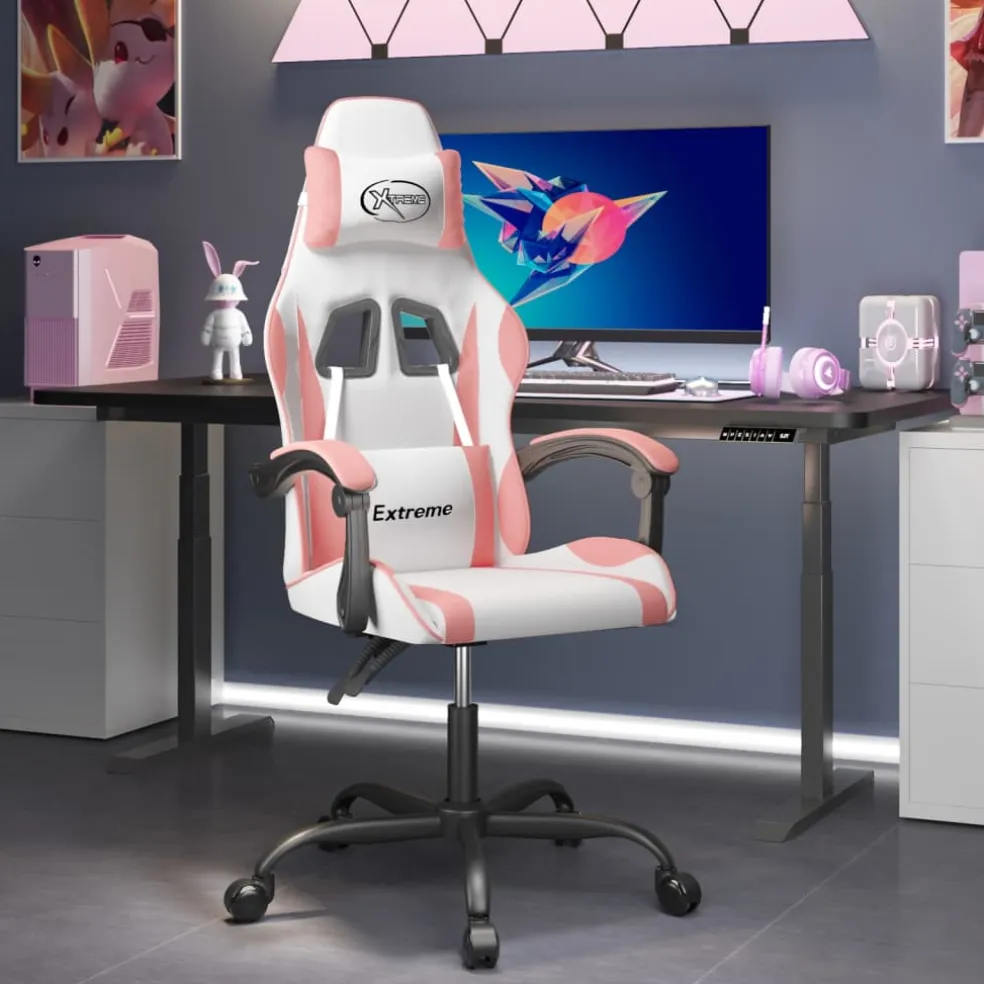 vidaXL Gamestoel draaibaar kunstleer wit en roze