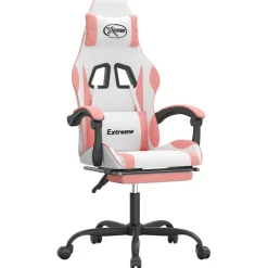 vidaXL Gamestoel draaibaar met voetensteun kunstleer wit en roze
