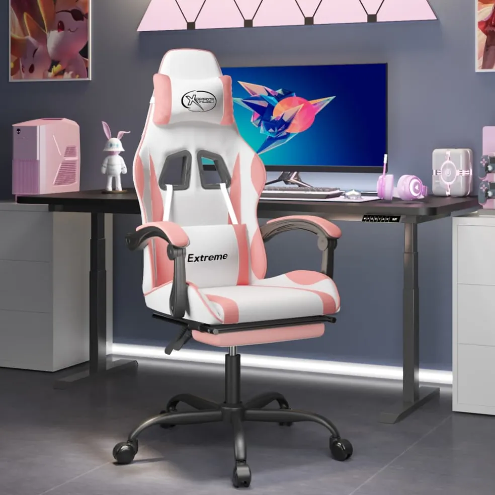 vidaXL Gamestoel draaibaar met voetensteun kunstleer wit en roze
