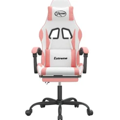 vidaXL Gamestoel draaibaar met voetensteun kunstleer wit en roze