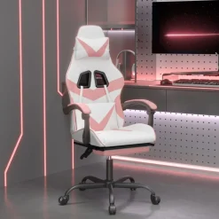vidaXL Gamestoel draaibaar met voetensteun kunstleer wit en roze
