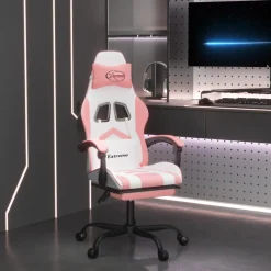 vidaXL Gamestoel draaibaar met voetensteun kunstleer wit en roze