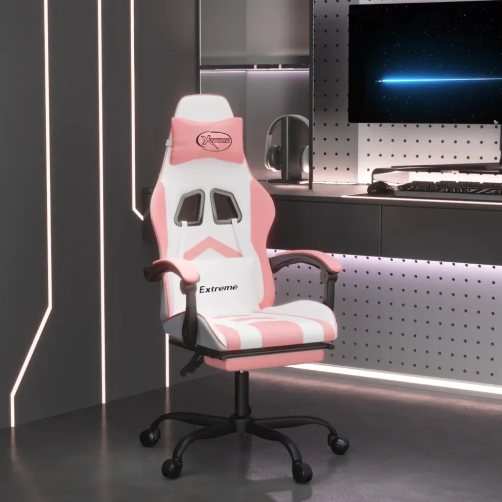 vidaXL Gamestoel draaibaar met voetensteun kunstleer wit en roze