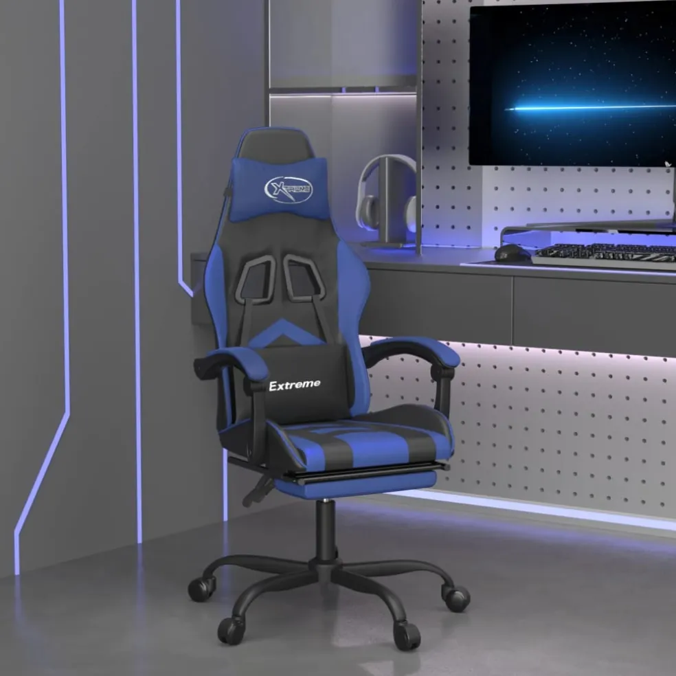 vidaXL Gamestoel met voetensteun kunstleer zwart en blauw