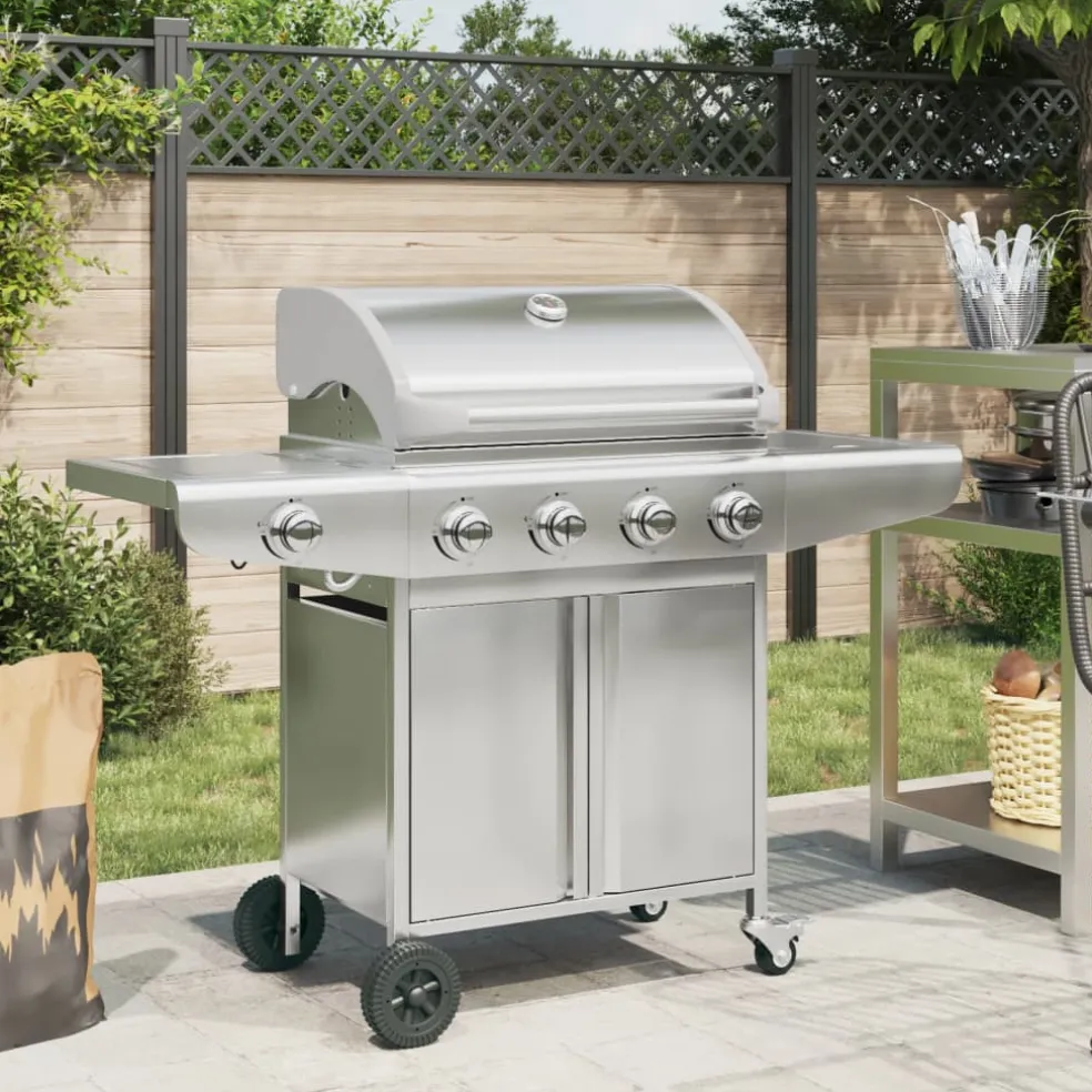 vidaXL Gasbarbecue met 5 branders roestvrij staal zilverkleurig