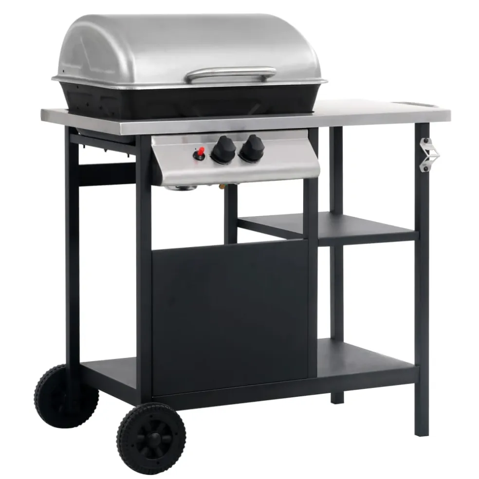 vidaXL Gasbarbecue met 3-laags zijtafel zwart en zilverkleurig