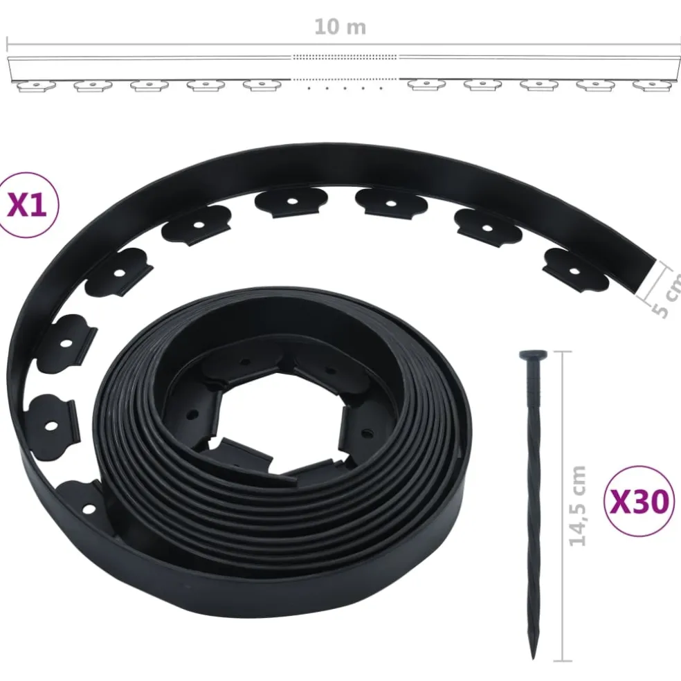 vidaXL Gazonrand flexibel met 30 pinnen 10 m 5 cm