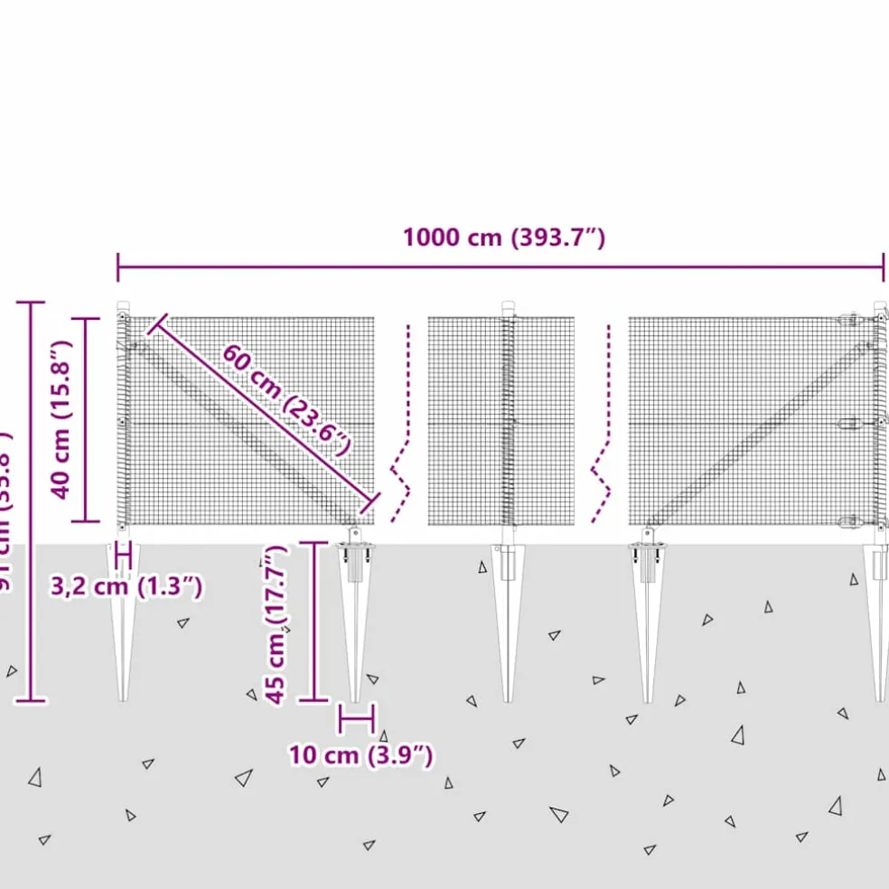 vidaXL gelast draadhek met grondpennen 10 x 0,4 m PVC-gecoate Staal