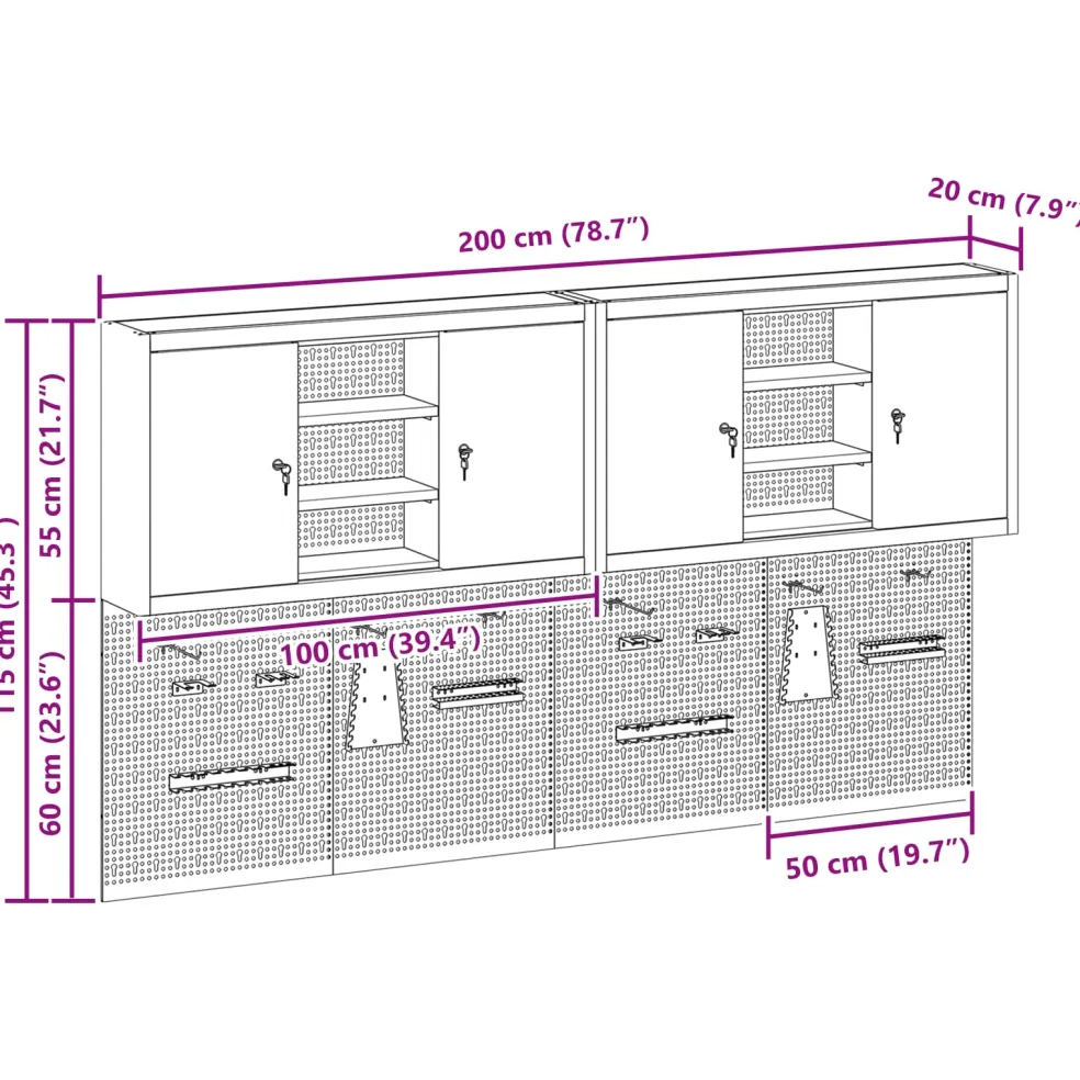 vidaXL Gereedschapskast set met plank 4 st Zwart Gepoedercoat staal
