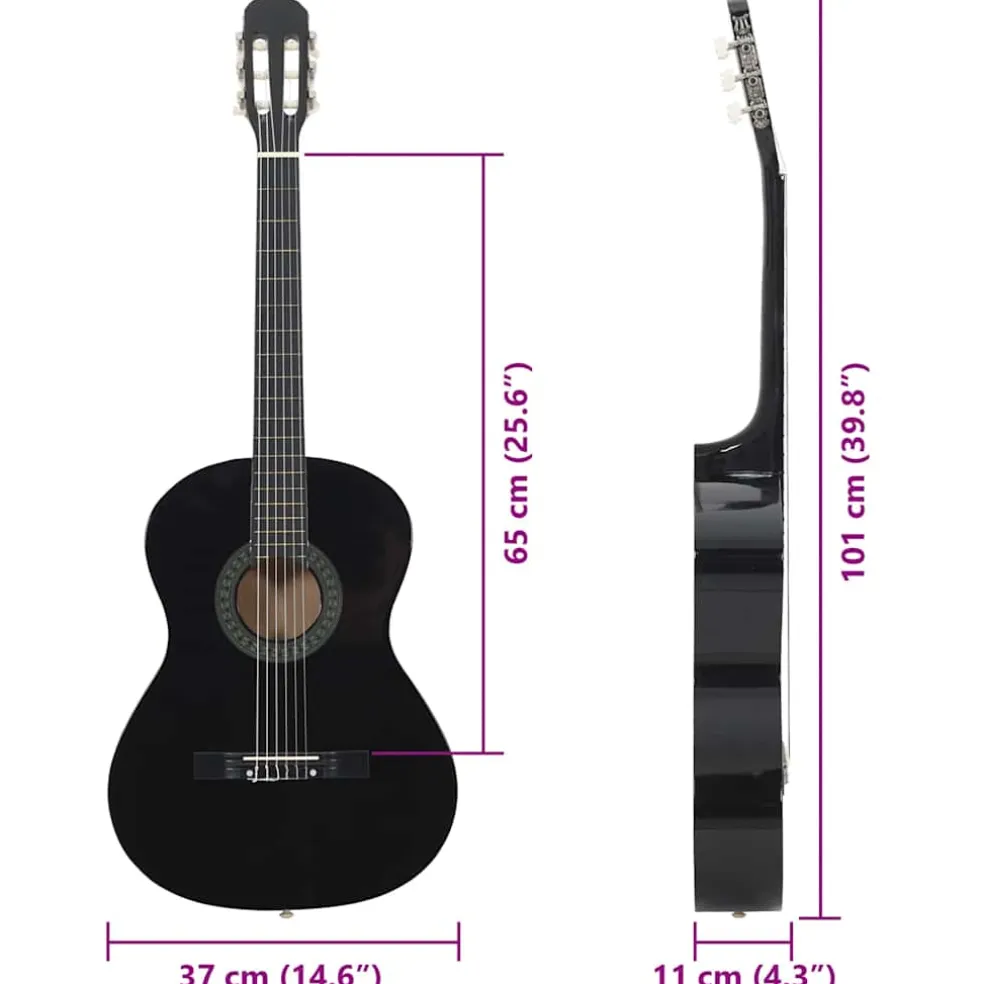 vidaXL Gitaar klassiek beginner 4/4 39" lindenhout zwart