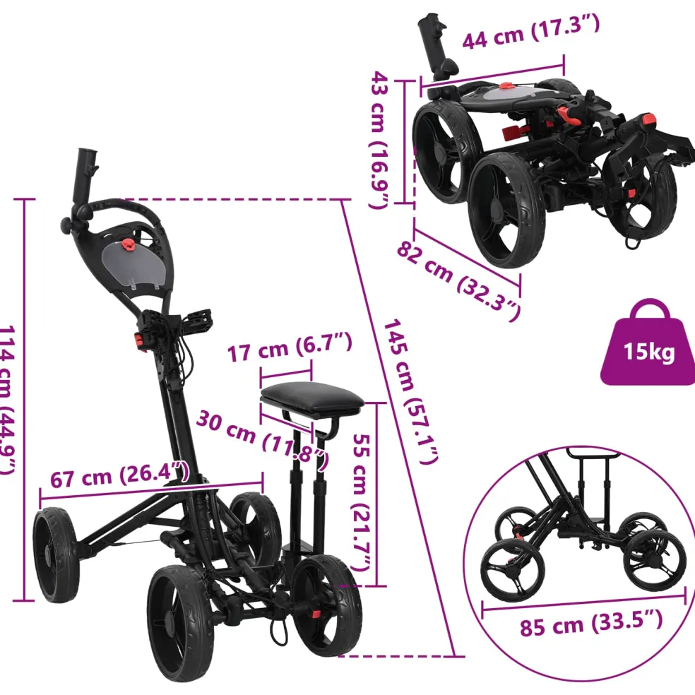 vidaXL Golf trolley met zitplaats Zwart Aluminium Opvouwbaar