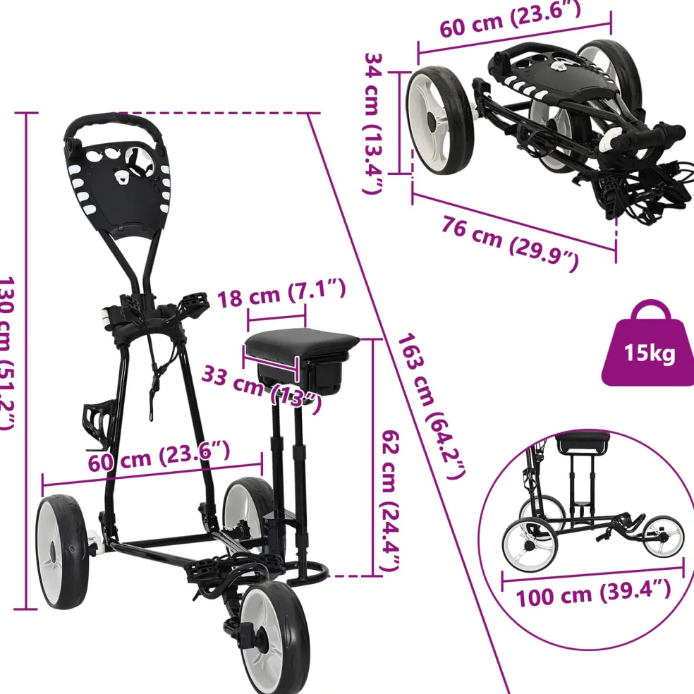 vidaXL Golf trolley met zitplaats Zwart en Wit IJzer Opvouwbaar