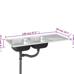 vidaXL Gootsteen dubbele bakken 1200x500x155 mm roestvrij staal zilver