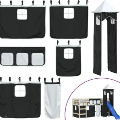 vidaXL Gordijnen voor hoogslaper met toren polyester wit en zwart