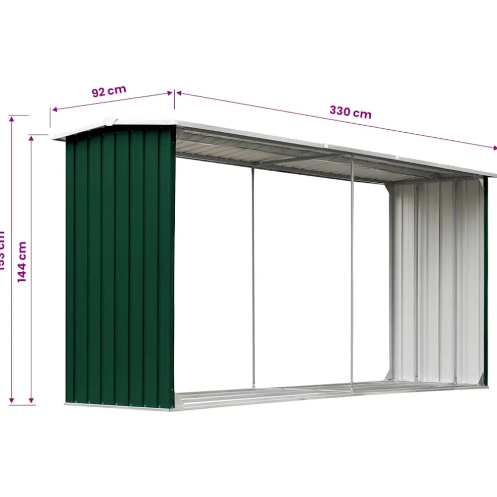 vidaXL Haardhoutschuur 330x92x153 cm gegalvaniseerd staal groen