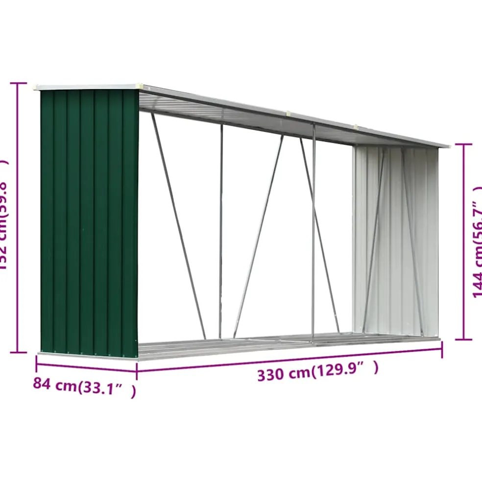 vidaXL Haardhoutschuur 330x84x152 cm gegalvaniseerd staal groen