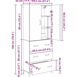 vidaXL Highboard Zwart Eiken 69,5 x 34 x 180 cm Bewerkt hout