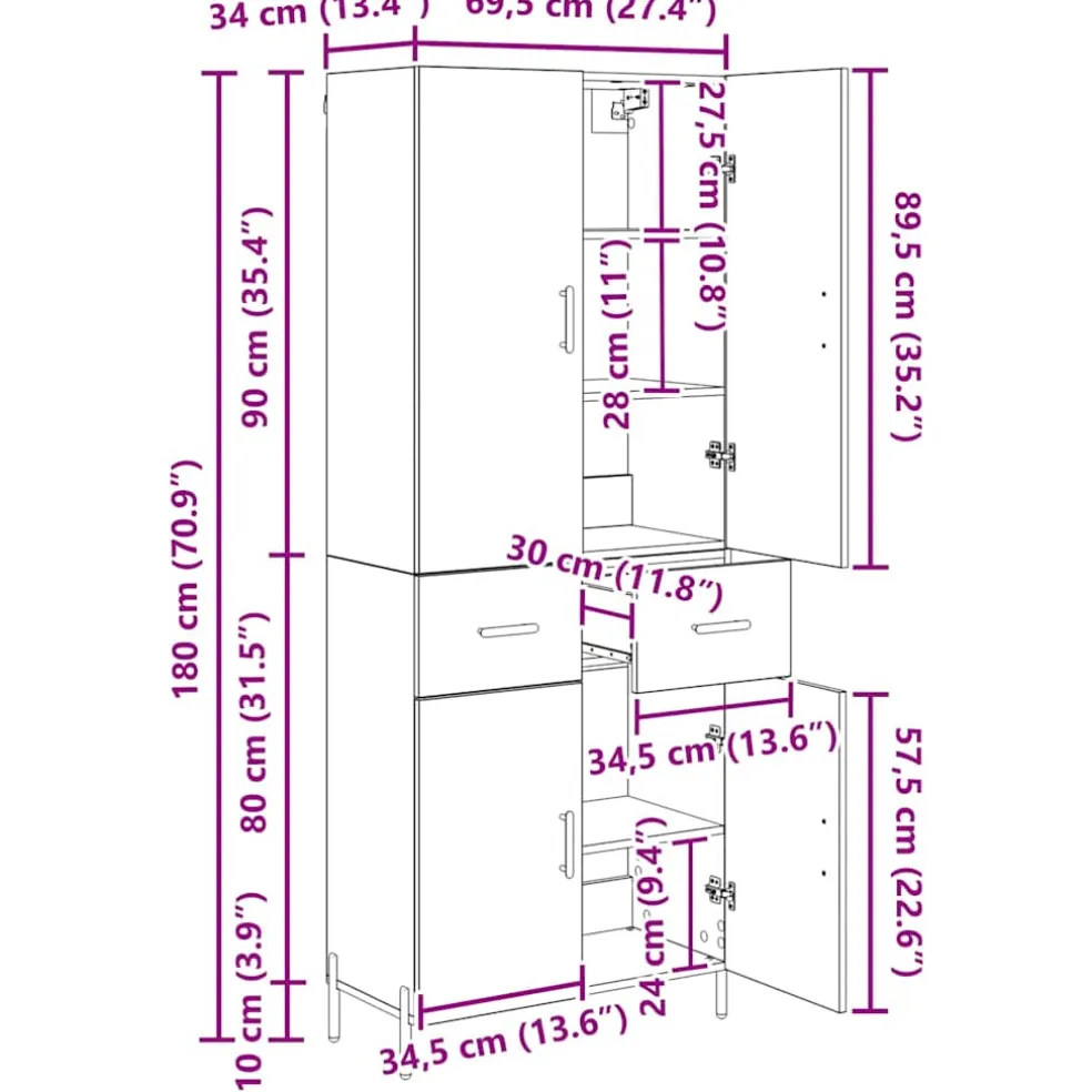 vidaXL Highboard Zwart Eiken 69,5 x 34 x 180 cm Bewerkt hout