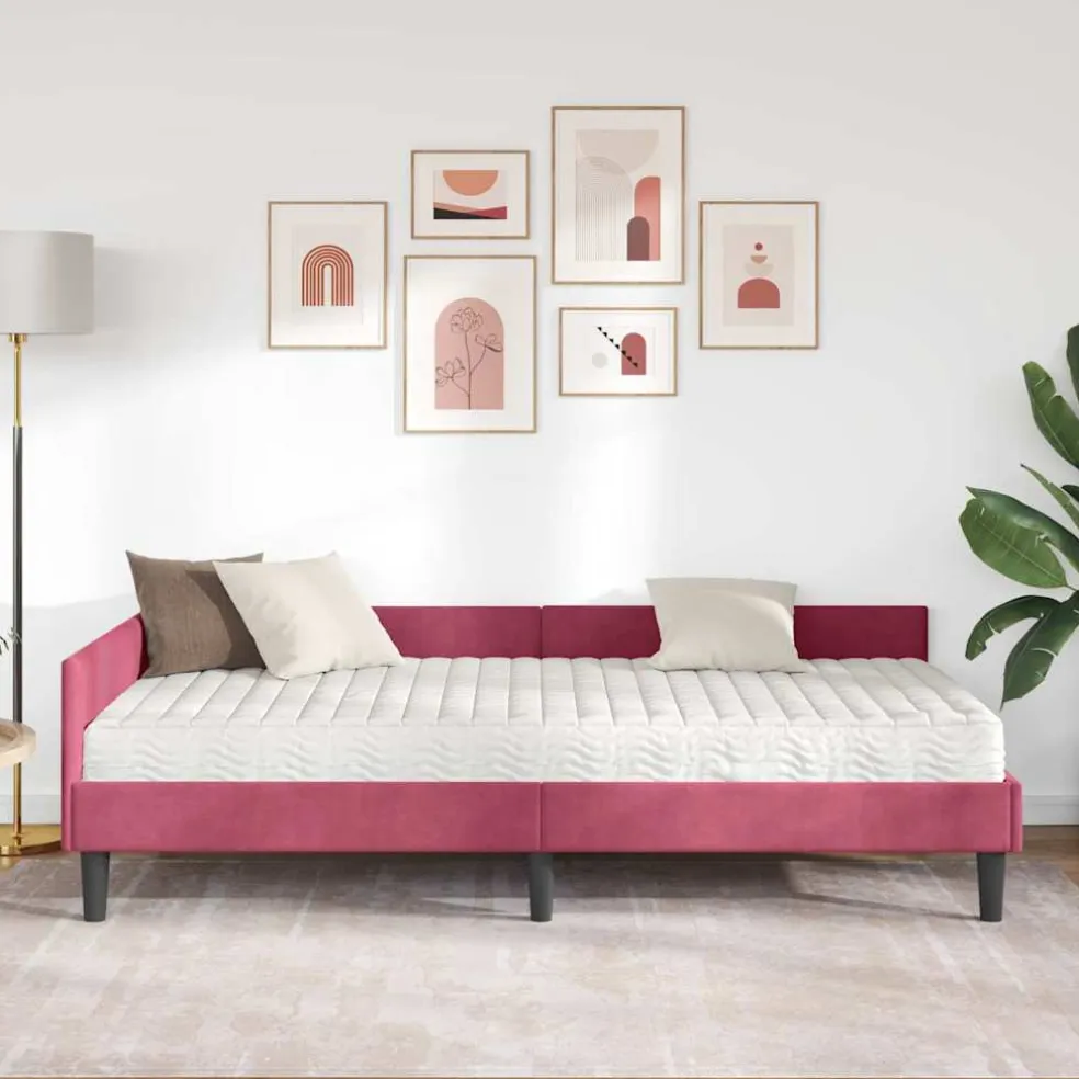vidaXL Hoekbedframe met Matras 2 st Wijnrood 90 x 190 cm Fluweel