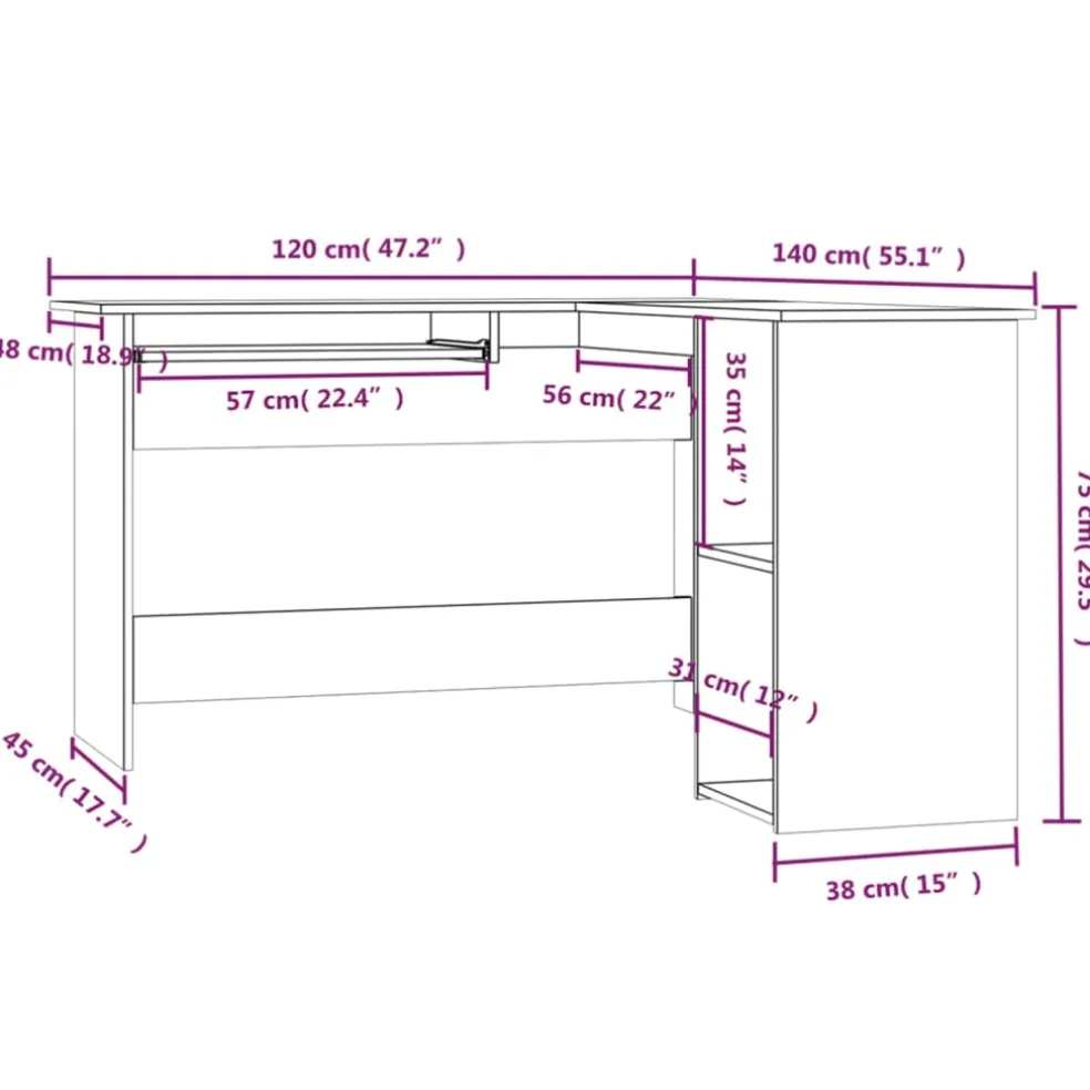 vidaXL Hoekbureau 120x140x75 cm bewerkt hout grijs sonoma eikenkleurig