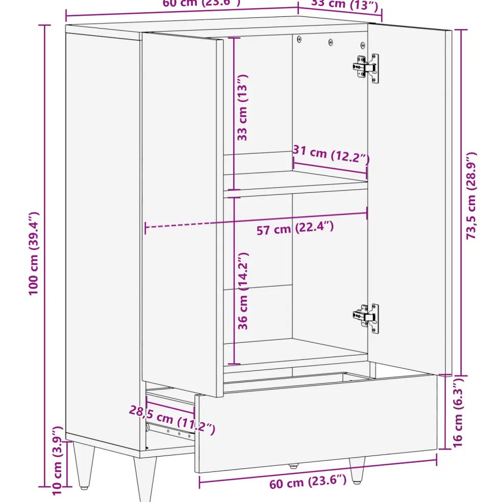 vidaXL Hoge kast Bruin 60 x 33 x 100 cm Massief Mango Hout