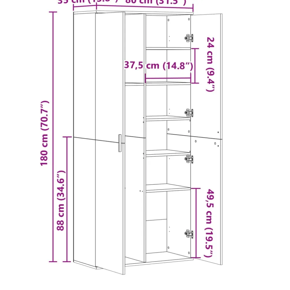 vidaXL Hoge kast 80x35x180 cm bewerkt hout grijs sonoma eikenkleurig