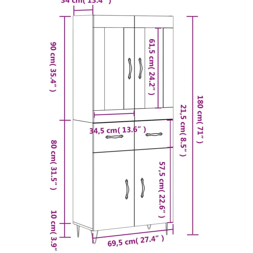 vidaXL Hoge kast 69,5x34x180 cm bewerkt hout wit