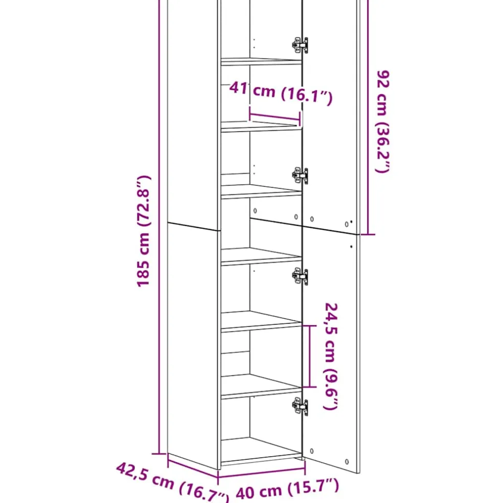 vidaXL Hoge kast Zwart Eiken 40 x 42,5 x 185 cm