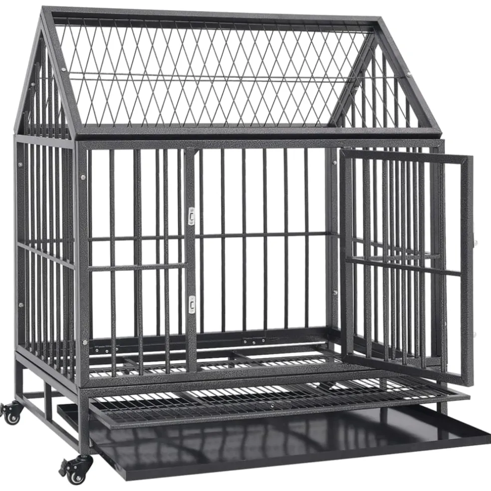 vidaXL Hondenbench met wielen en dak 92x62x106 cm staal