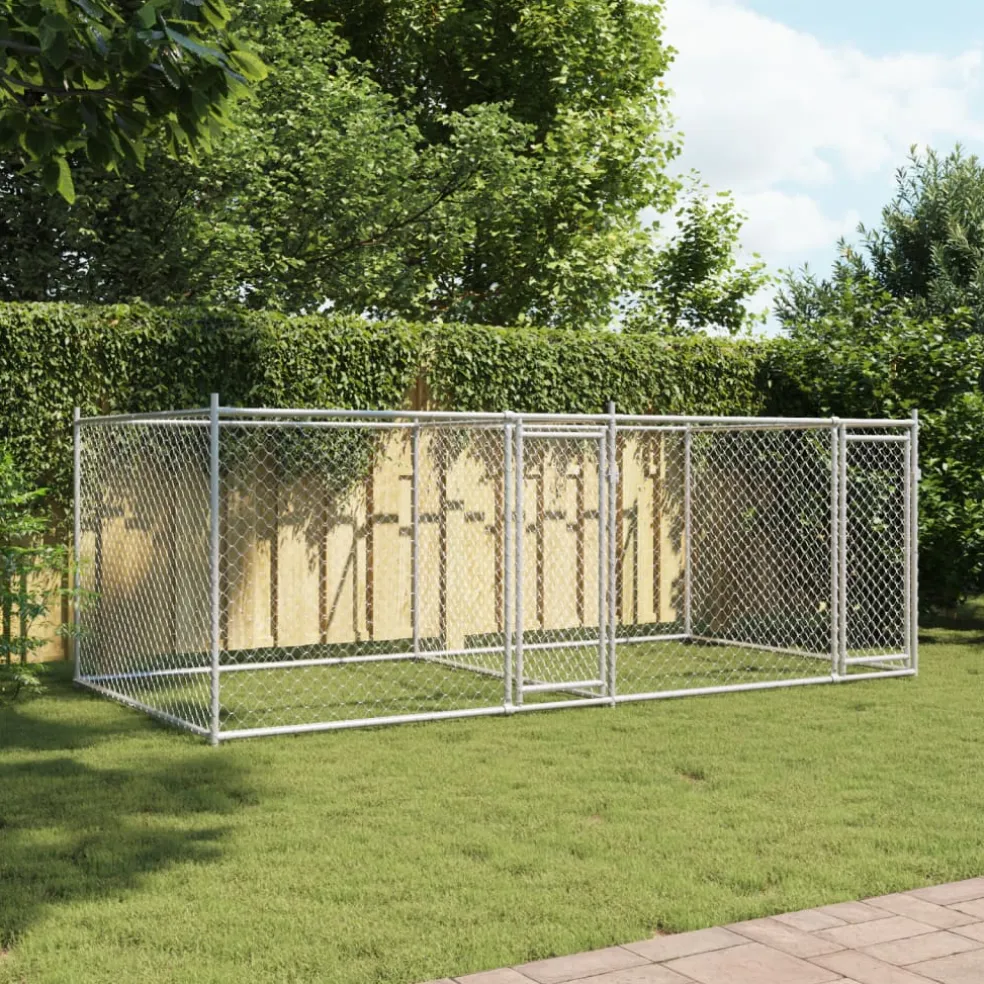 vidaXL Hondenhok met deuren 4x2x1,5 m gegalvaniseerd staal grijs