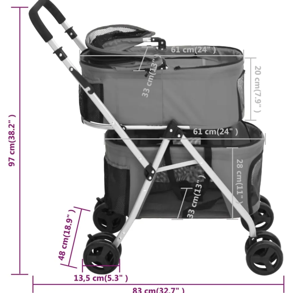 vidaXL Hondenwagen 2-laags inklapbaar 83x48x97 cm oxford stof grijs
