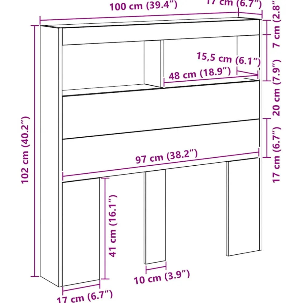 vidaXL Hoofdbordkast met LED 100x17x102 cm zwart eikenkleurig