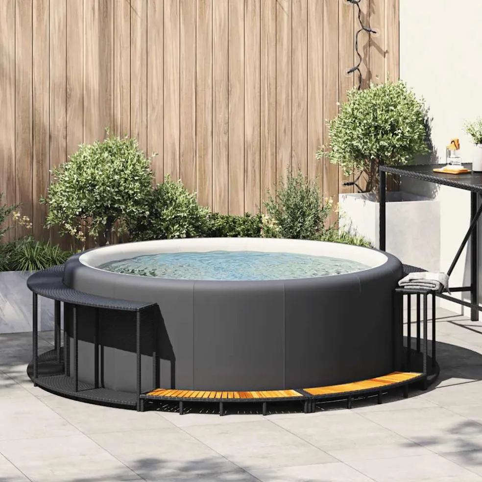 vidaXL Hottub Surround opbergruimte houten opstapje poly rattan zwart