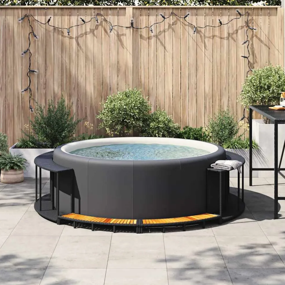 vidaXL Hottub Surround opbergruimte houten opstapje poly rattan zwart