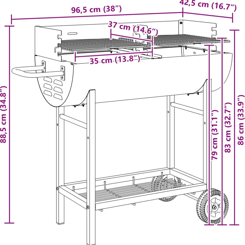 vidaXL Houtskoolgrill 96,5 x 42,5 x 88,5 cm Zwart
