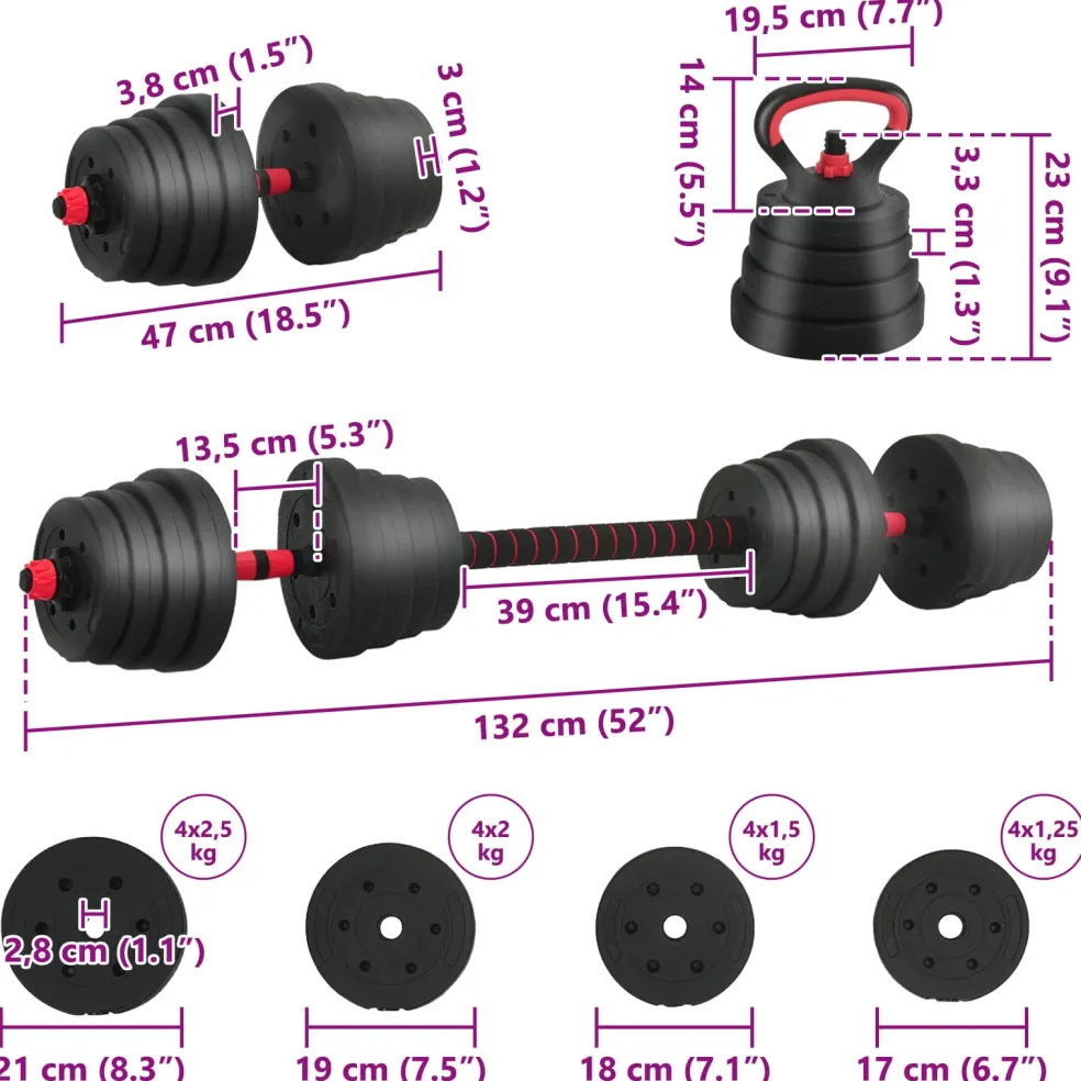 vidaXL 4-in-1 Dumbbell Barbell Kettlebell Set 30 kg Zwart en Rood