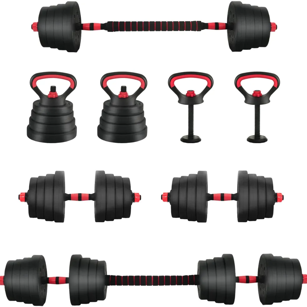 vidaXL 4-in-1 Dumbbell Barbell Kettlebell Set 30 kg Zwart en Rood