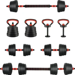 vidaXL 4-in-1 Dumbbell Barbell Kettlebell Set 20 kg Zwart en Rood