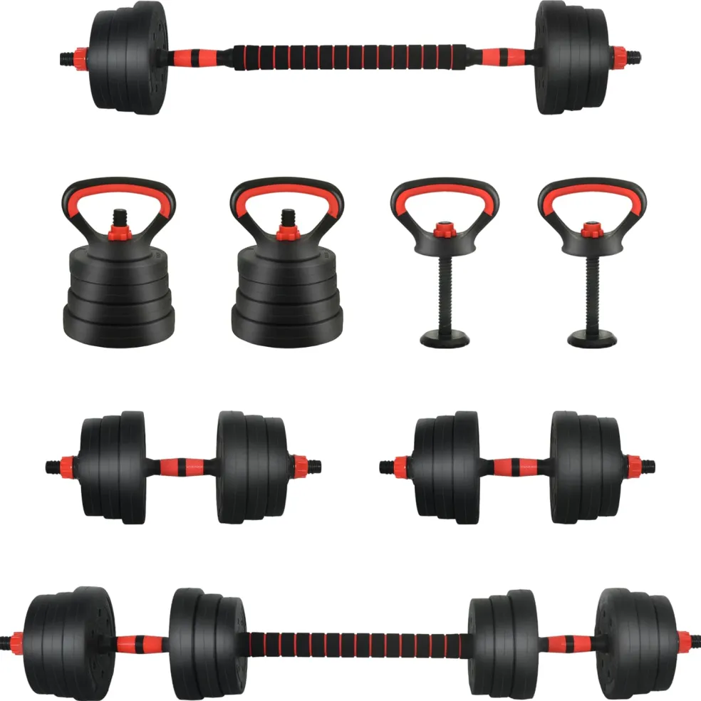 vidaXL 4-in-1 Dumbbell Barbell Kettlebell Set 20 kg Zwart en Rood