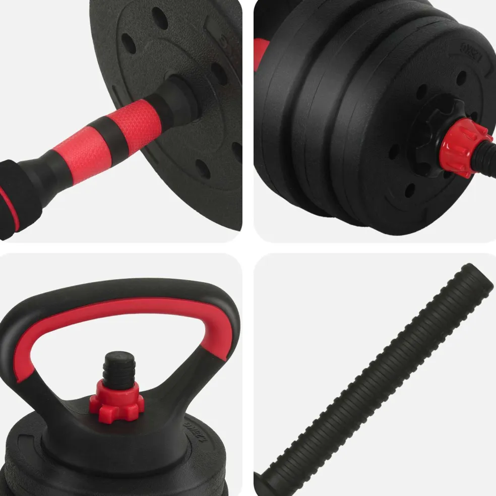 vidaXL 4-in-1 Dumbbell Barbell Kettlebell Set 20 kg Zwart en Rood