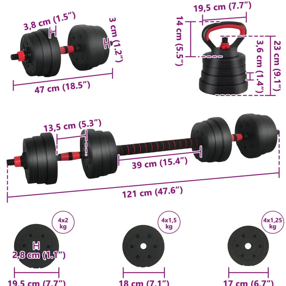 vidaXL 4-in-1 Dumbbell Barbell Kettlebell Set 20 kg Zwart en Rood