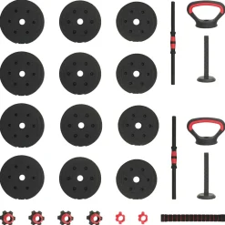 vidaXL 4-in-1 Dumbbell Barbell Kettlebell Set 20 kg Zwart en Rood