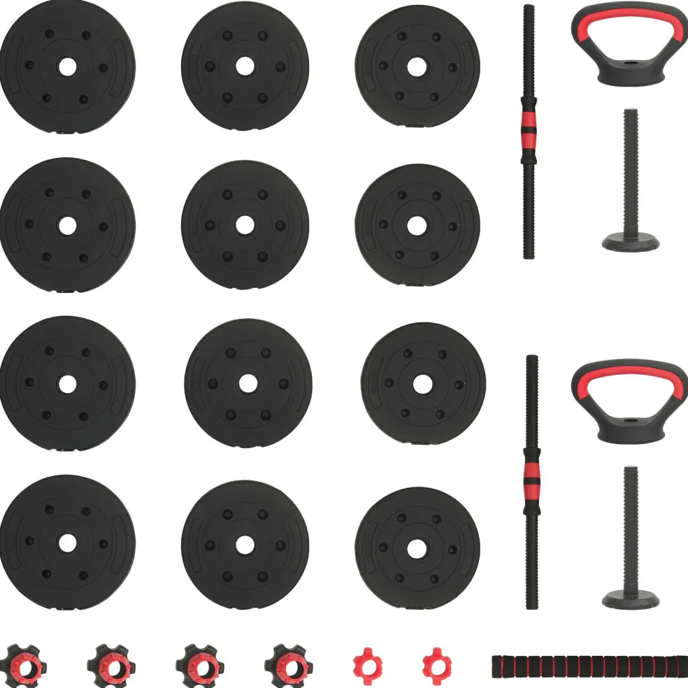 vidaXL 4-in-1 Dumbbell Barbell Kettlebell Set 20 kg Zwart en Rood
