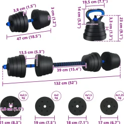 vidaXL 4-in-1 Dumbbell Barbell Kettlebell Set 30 kg Zwart en Blauw