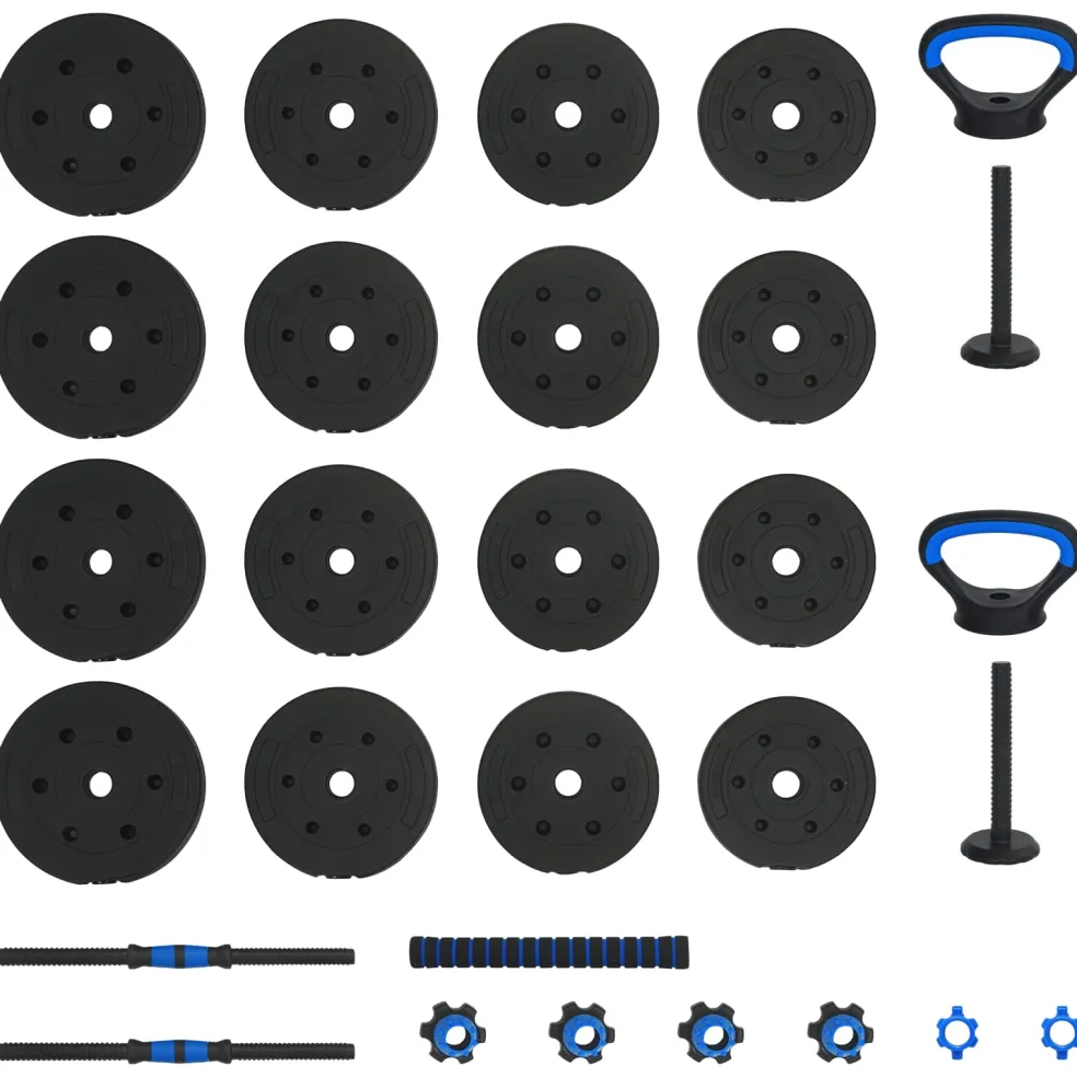 vidaXL 4-in-1 Dumbbell Barbell Kettlebell Set 30 kg Zwart en Blauw
